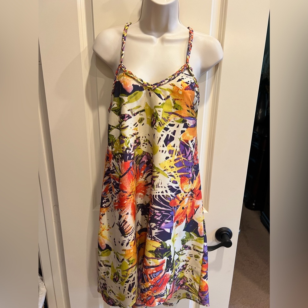 Jessica Simpson High Low Beach Vibes Halter Style Dress Tropical Print Size S